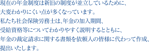 現在の年金制度は新旧の制度が並立しているために、大変わかりにくい点が多くなっています。私たち社会保険労務士は、年金の加入期間、受給資格等についてわかりやすく説明するとともに、年金の裁定請求に関する書類を依頼人の皆様に代わって作成、提出いたします。